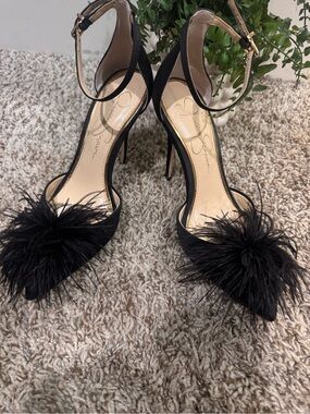 Jessica Simpson Black Feather Pom Pointed Toe Ankle-Strap Heels